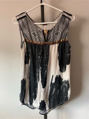 Temperance Boho Mixed Print Sequin Trim Tunic Long Longline Tank Top S